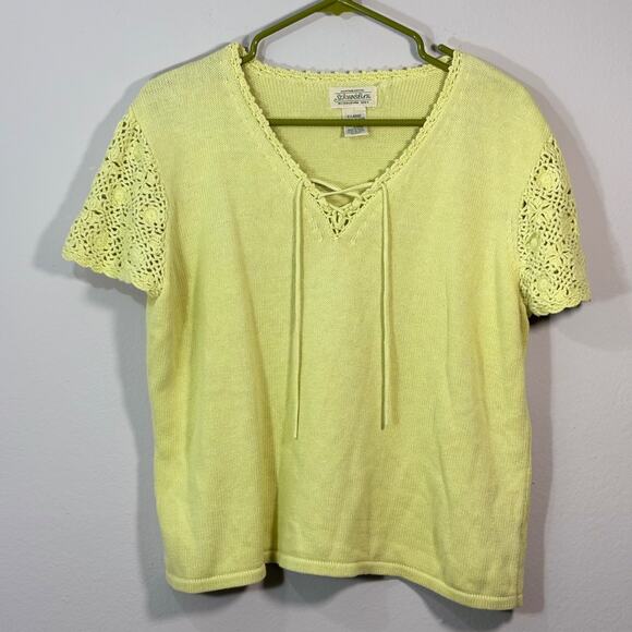 St Johns Bay Top Womens XL Yellow/Green V-Neck Knit Crochet 3/4 Sleeve Cottage - Picture 1 of 7